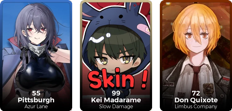 A Fuuka drop: three anime cards, one of them a skin